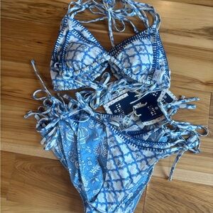 Roller Rabbit Blue and White Mixed-Print String Bikini